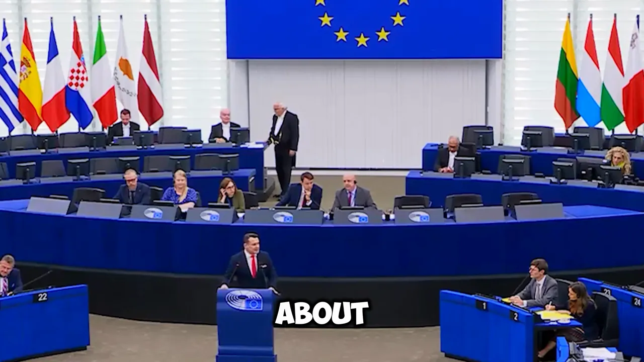 MEP speaking at a podium in the European Parliament with the EU flag and member-state flags in the background