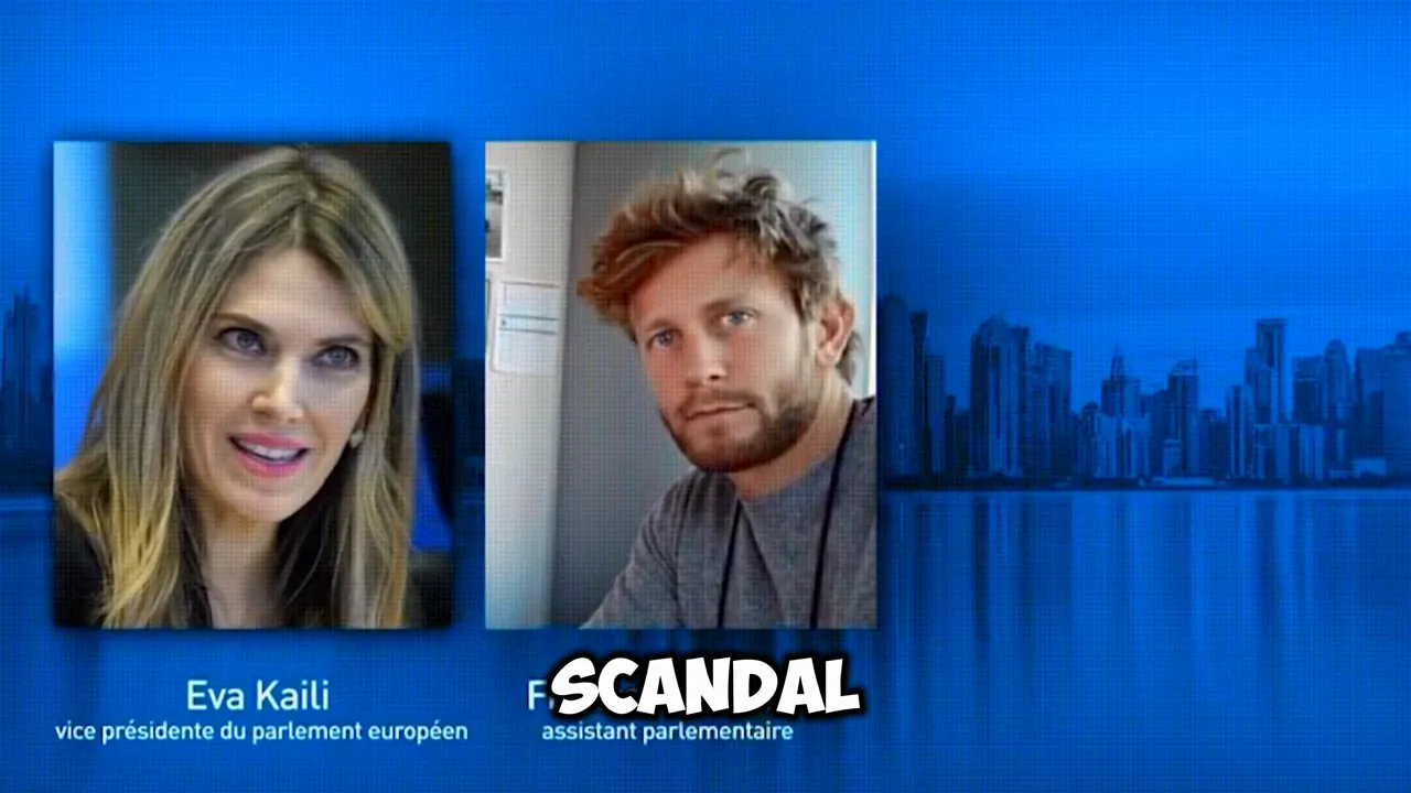 Two portrait photos side-by-side over a blue skyline background with a bold 'SCANDAL' label, visually linking to an alleged parliamentary corruption case