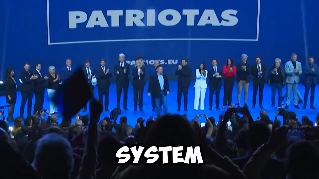 Political leaders standing together on a blue stage with a Patriots Europe backdrop