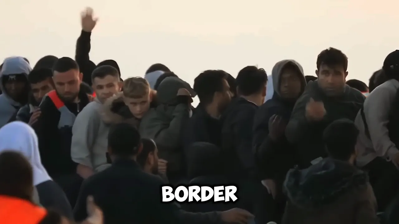 Group of migrants crowded on a small boat arriving at shore