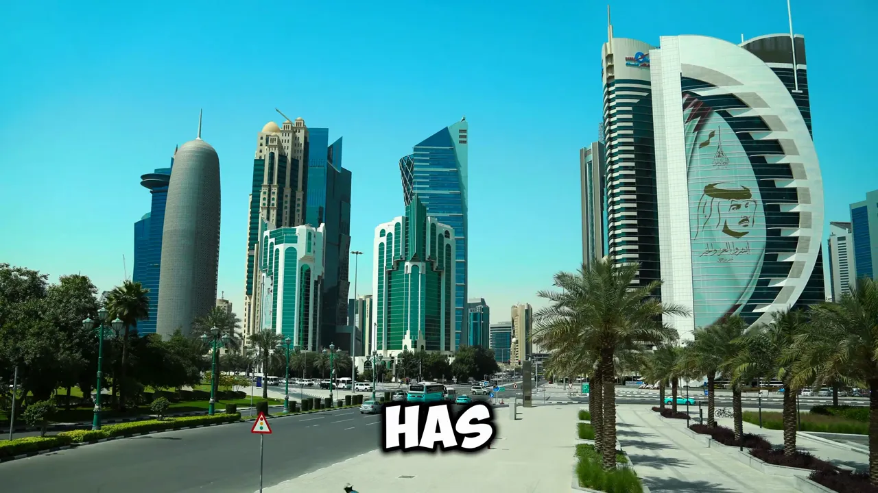 Modern Gulf city skyline with glass skyscrapers, palm trees and a clear blue sky