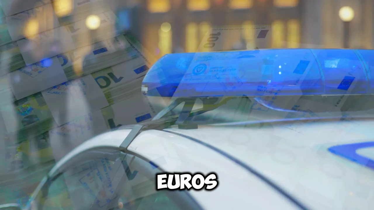 Blue police lights and a roof-mounted police siren overlaid with stacks of euro banknotes and the word 'EUROS'.