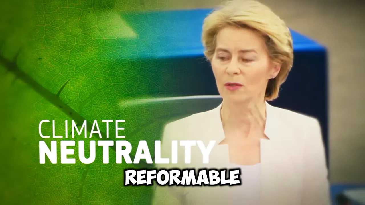 Political graphic reading 'CLIMATE NEUTRALITY REFORMABLE' with a woman speaking