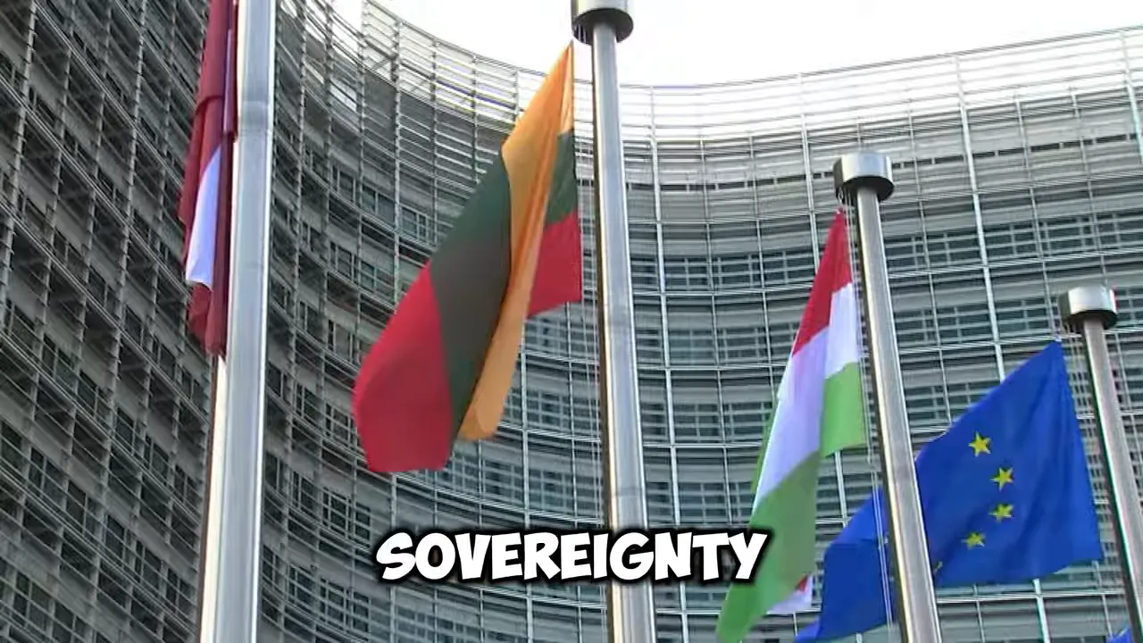 European Union building with multiple national flags in front, symbolizing sovereignty debate