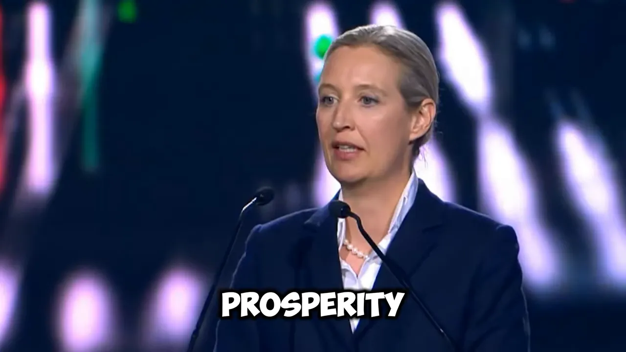Conservative politician speaking on stage with ‘PROSPERITY’ text overlay