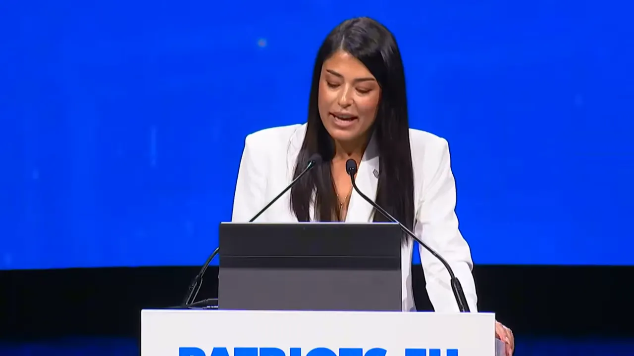 Conservative politician delivering a speech behind a podium on a blue background