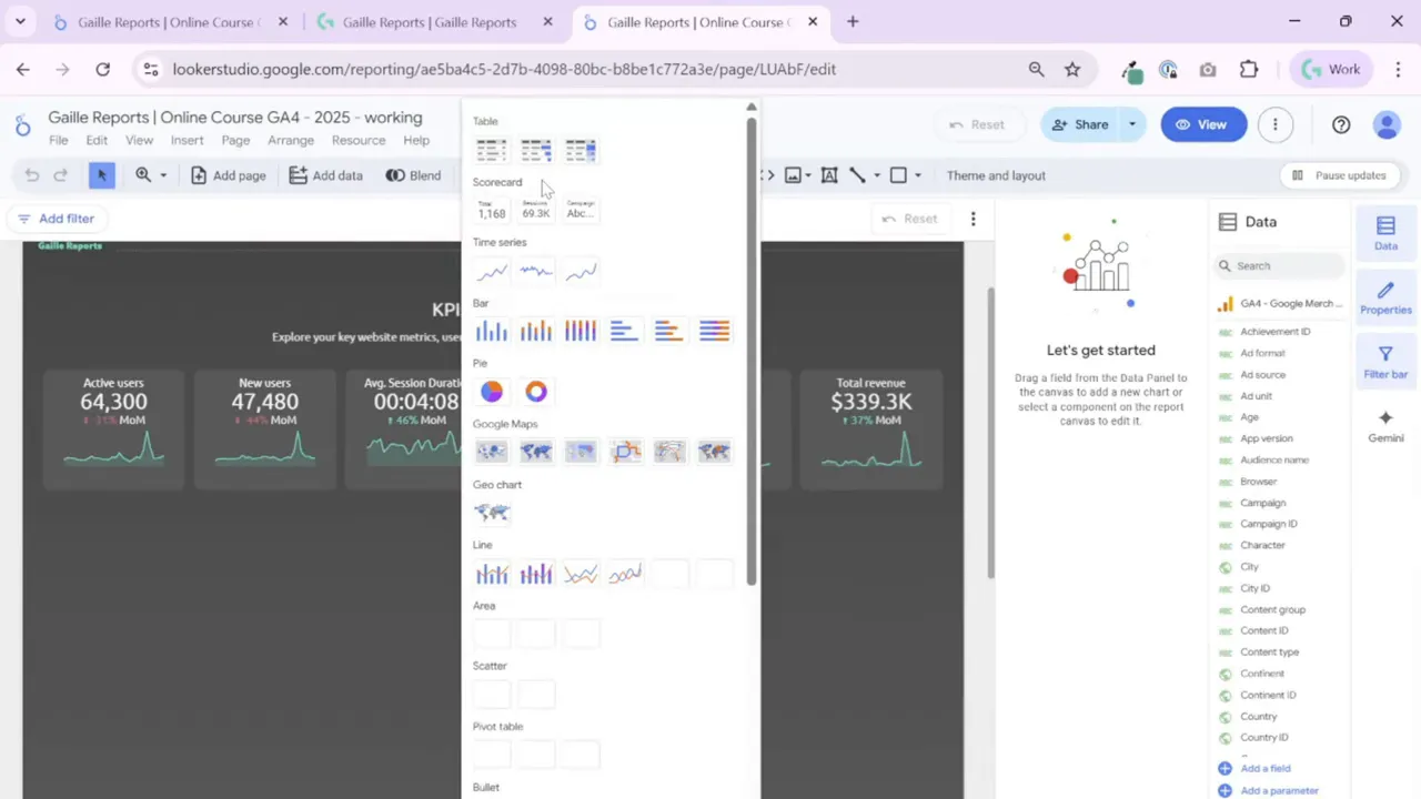 Looker Studio 'Add a chart' panel showing time series chart icons