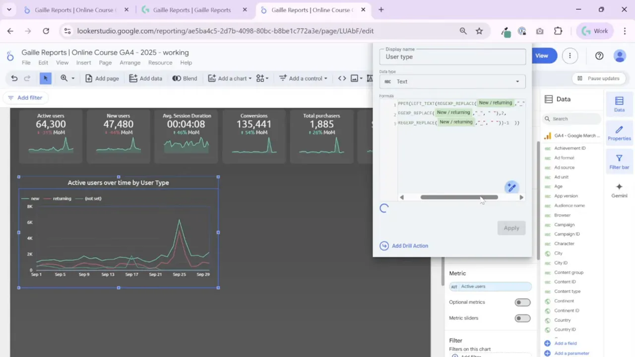 Looker Studio formula editor showing REGEXP_REPLACE and text functions for a 'User type' calculated field beside a time series chart