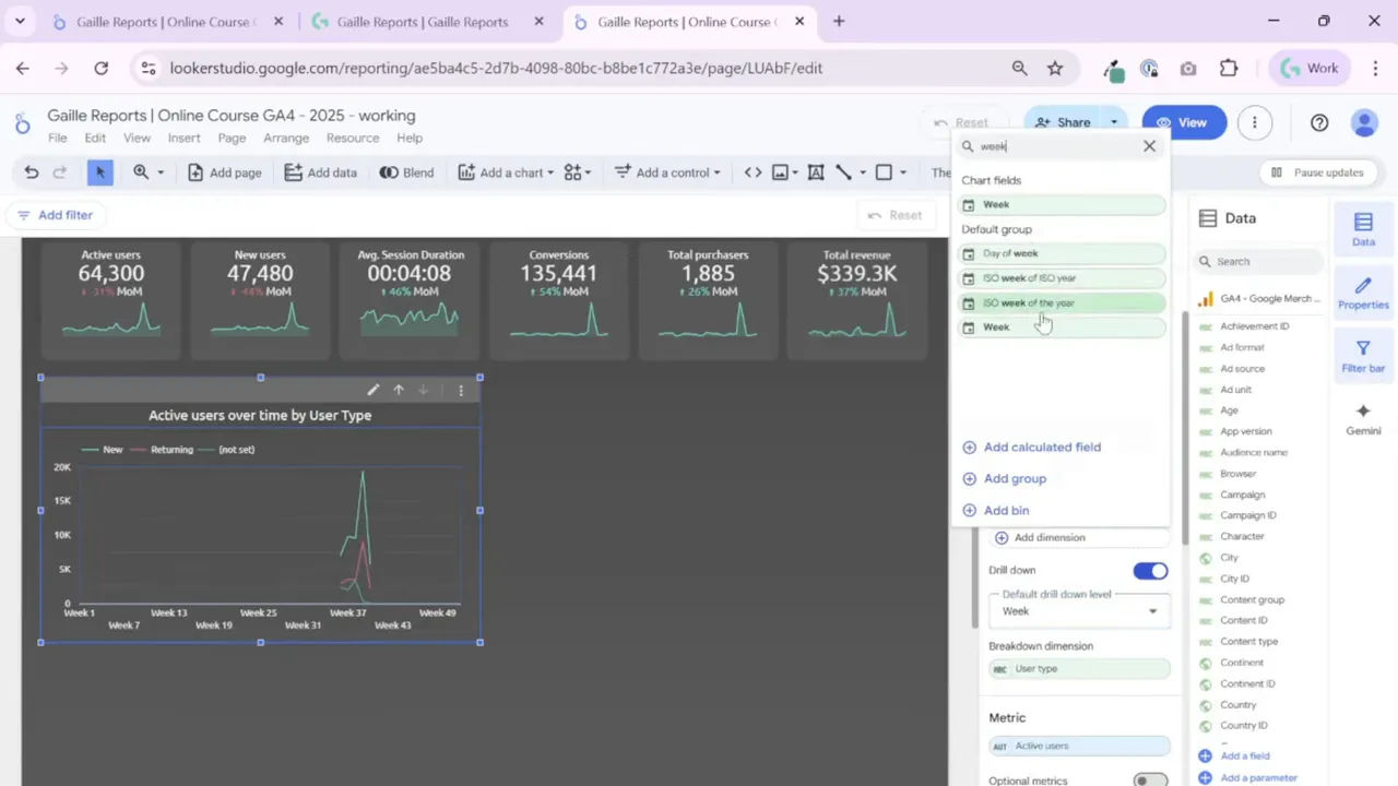 Dimension picker open in Looker Studio showing multiple week-based time grain options (Week, ISO week of ISO year, ISO week of the year).
