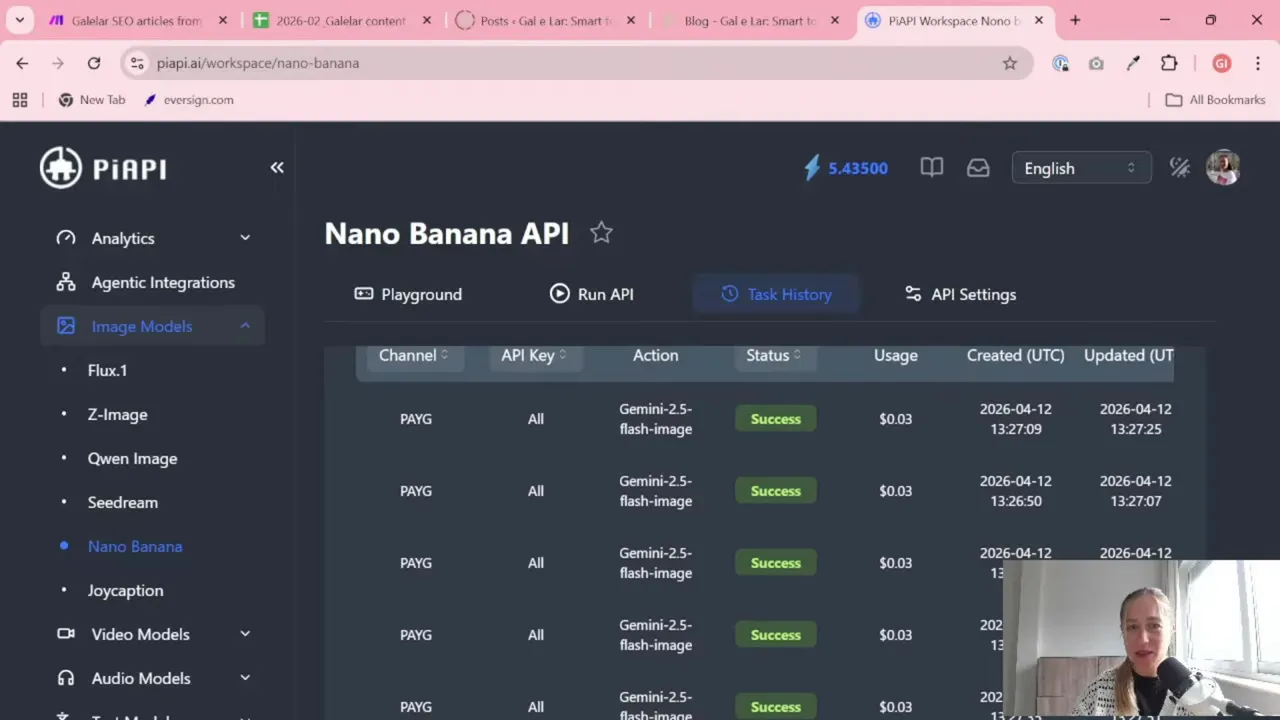 piAPI Nano Banana API task history showing multiple successful generations and $0.03 usage per image
