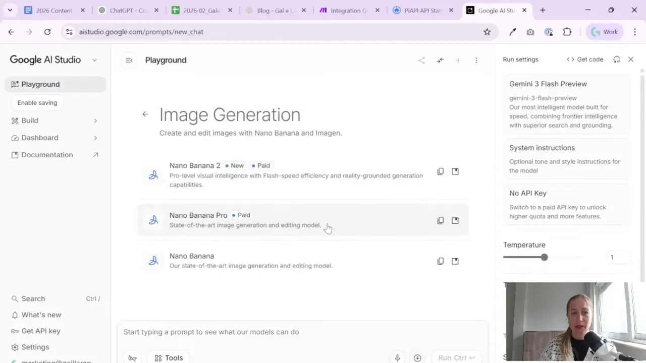 Google AI Studio image generation page showing Nano Banana, Nano Banana Pro, and Nano Banana 2 models