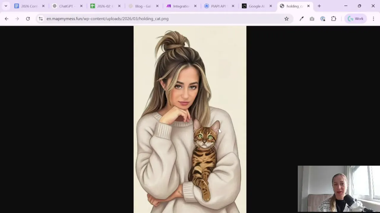 Full reference image of a character holding a cat for consistent AI hero image generation
