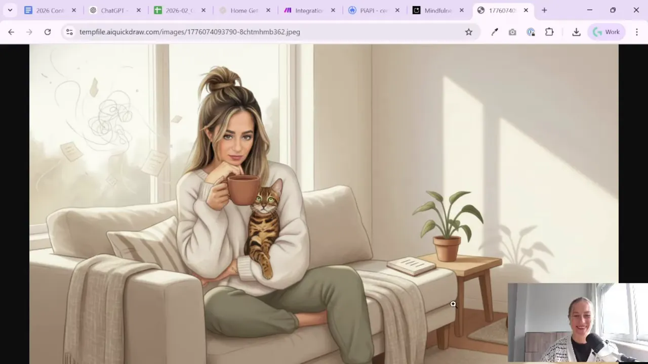 AI-generated hero image of a woman cuddling a cat in a cozy living room illustration