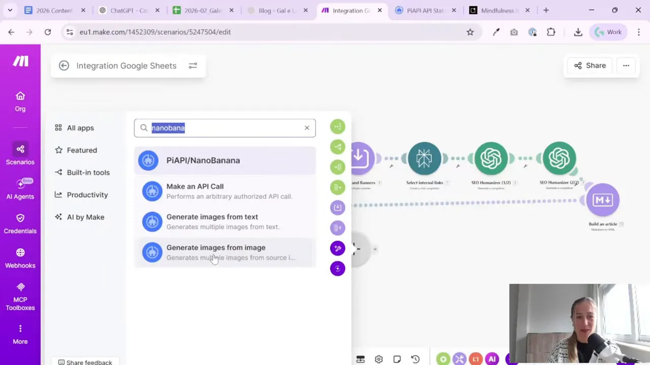 Make scenario panel listing piAPI/Nano Banana and image generation actions