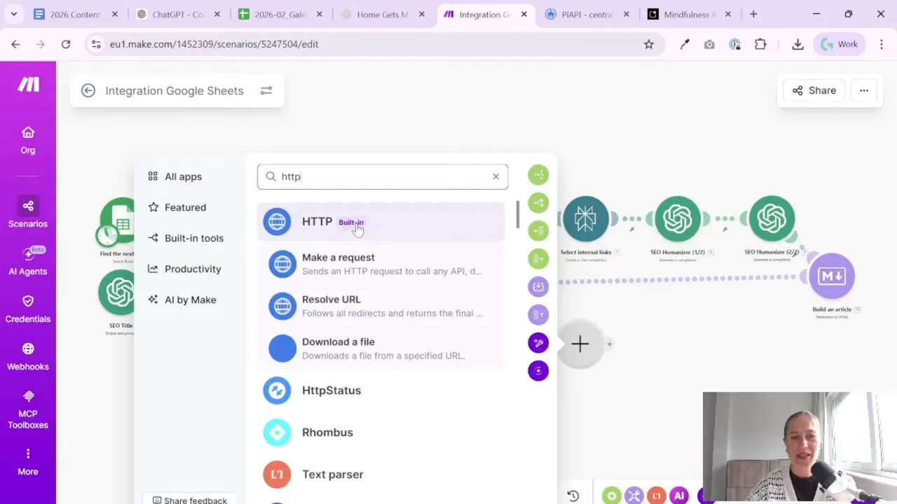 Make.com module search results showing the HTTP built-in module including a file download option