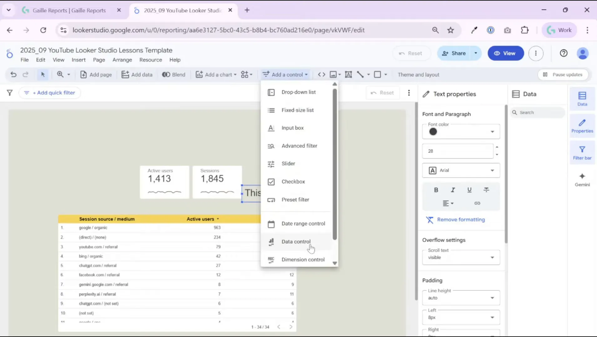 Adding a data range control from the Add control menu