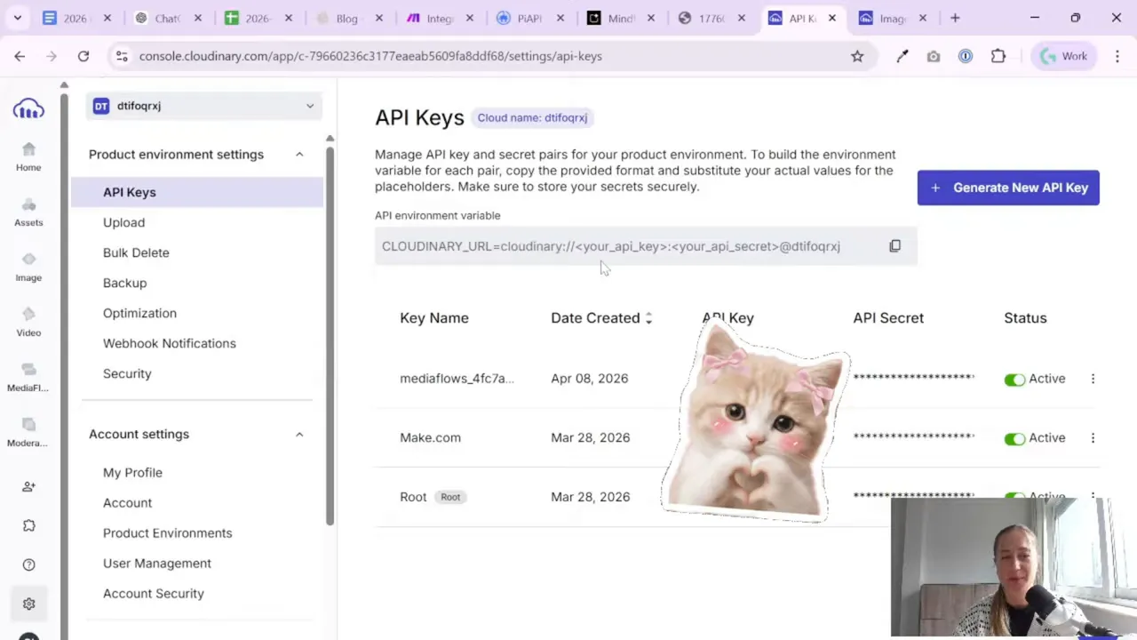 Cloudinary console showing API keys and API secret for connecting to Make