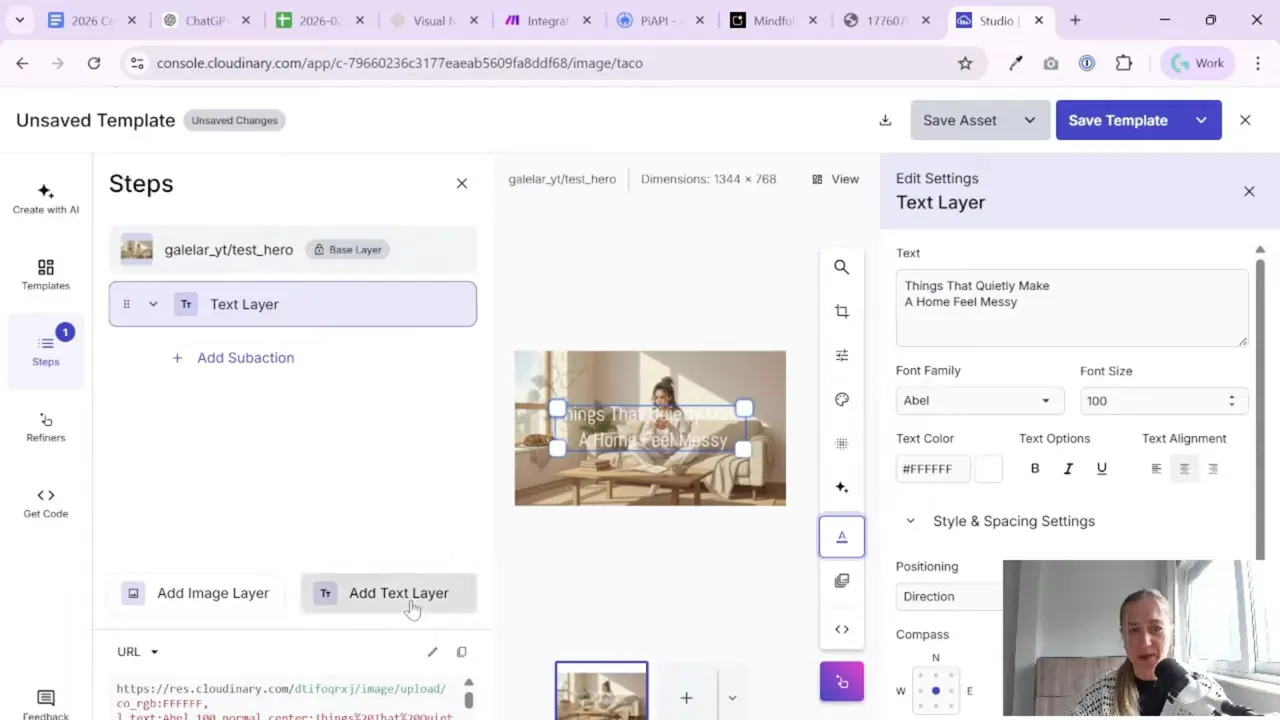 Cloudinary Studio text layer settings for an SEO hero image title overlay