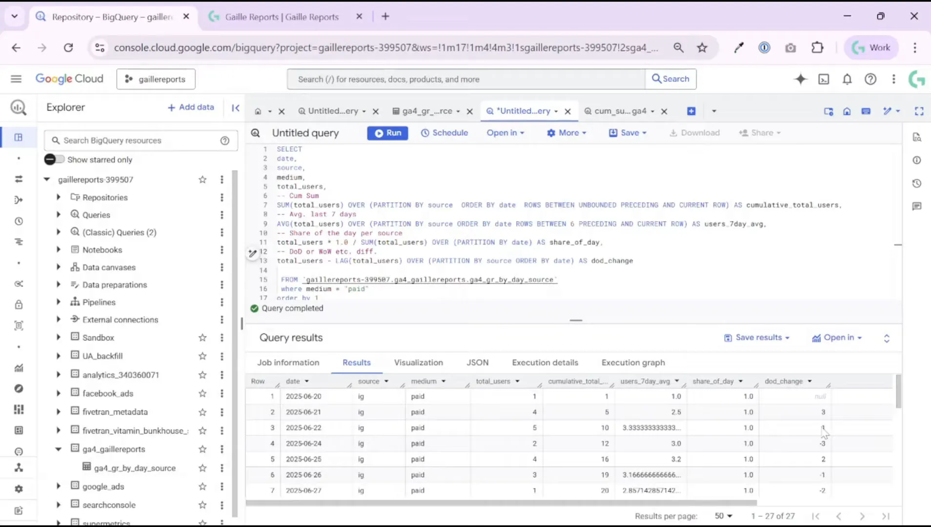 SQL showing use of LAG to compute day over day difference