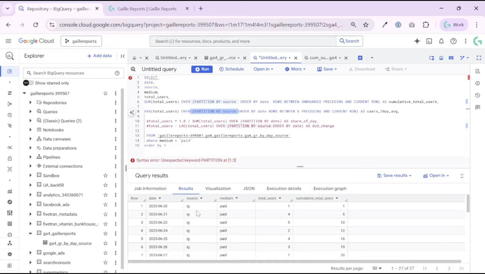 SQL snippet showing AVG OVER PARTITION BY source ORDER BY date