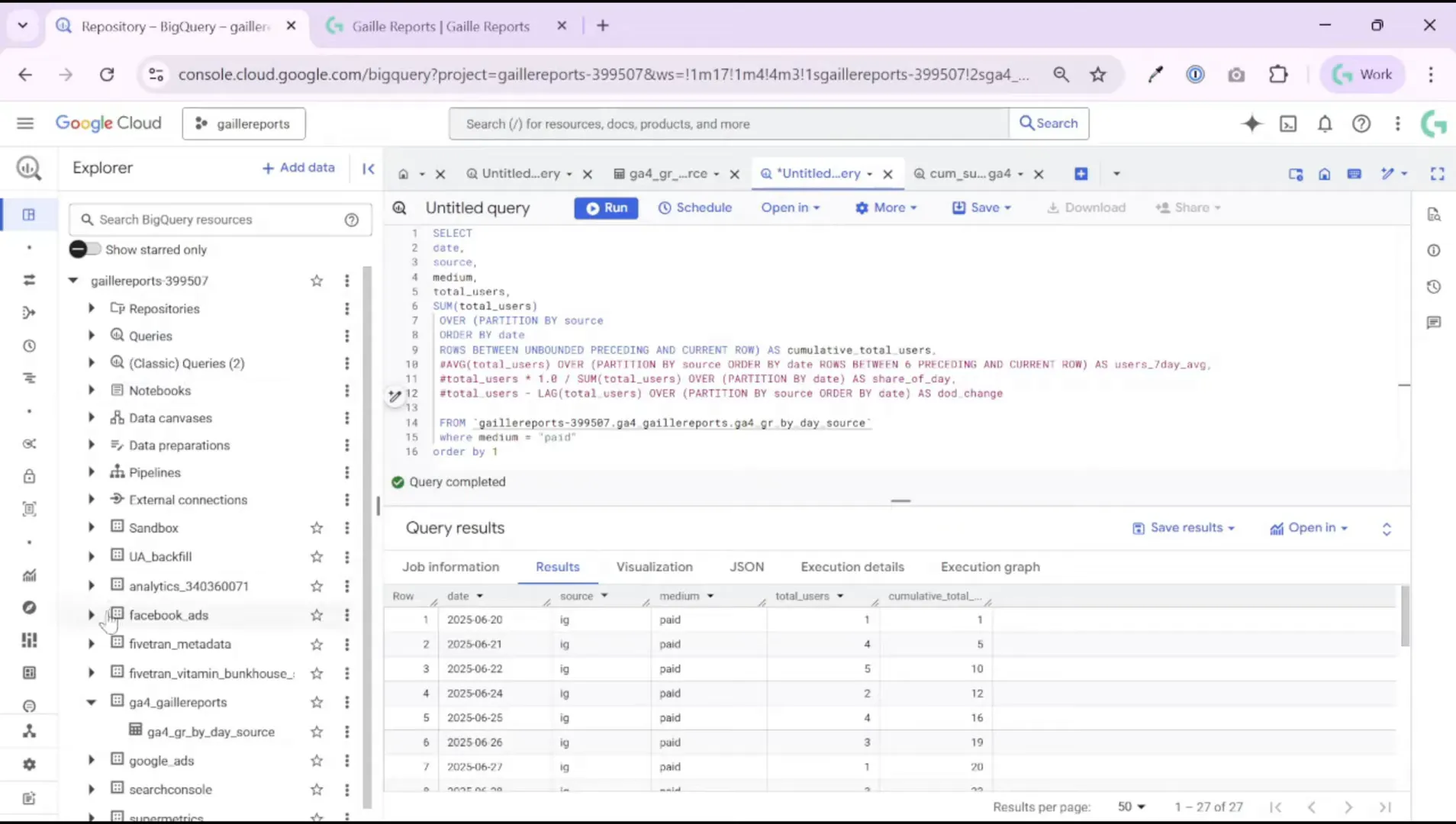 BigQuery console showing events table and scheduled query