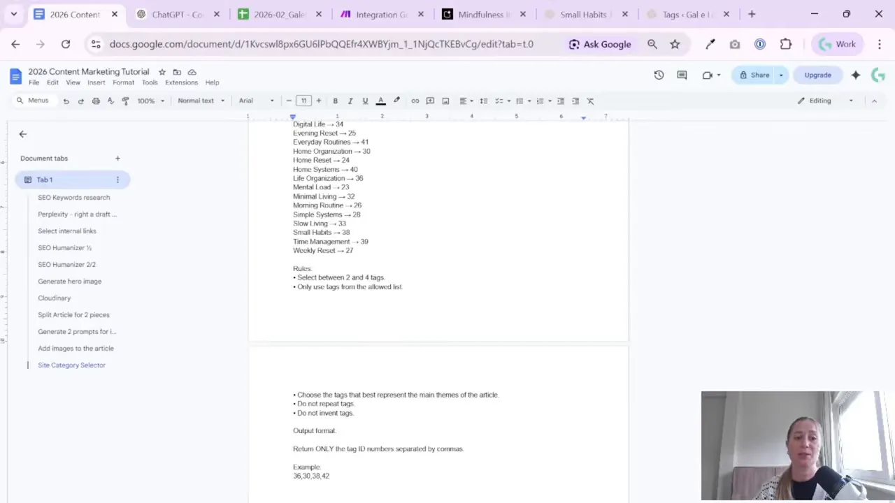 Screenshot of Make scenario tag-selection prompt showing output format for WordPress automation