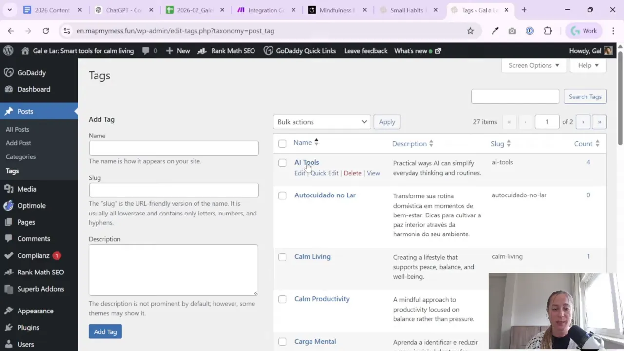 WordPress Tags list in the admin area for selecting and mapping existing tag IDs
