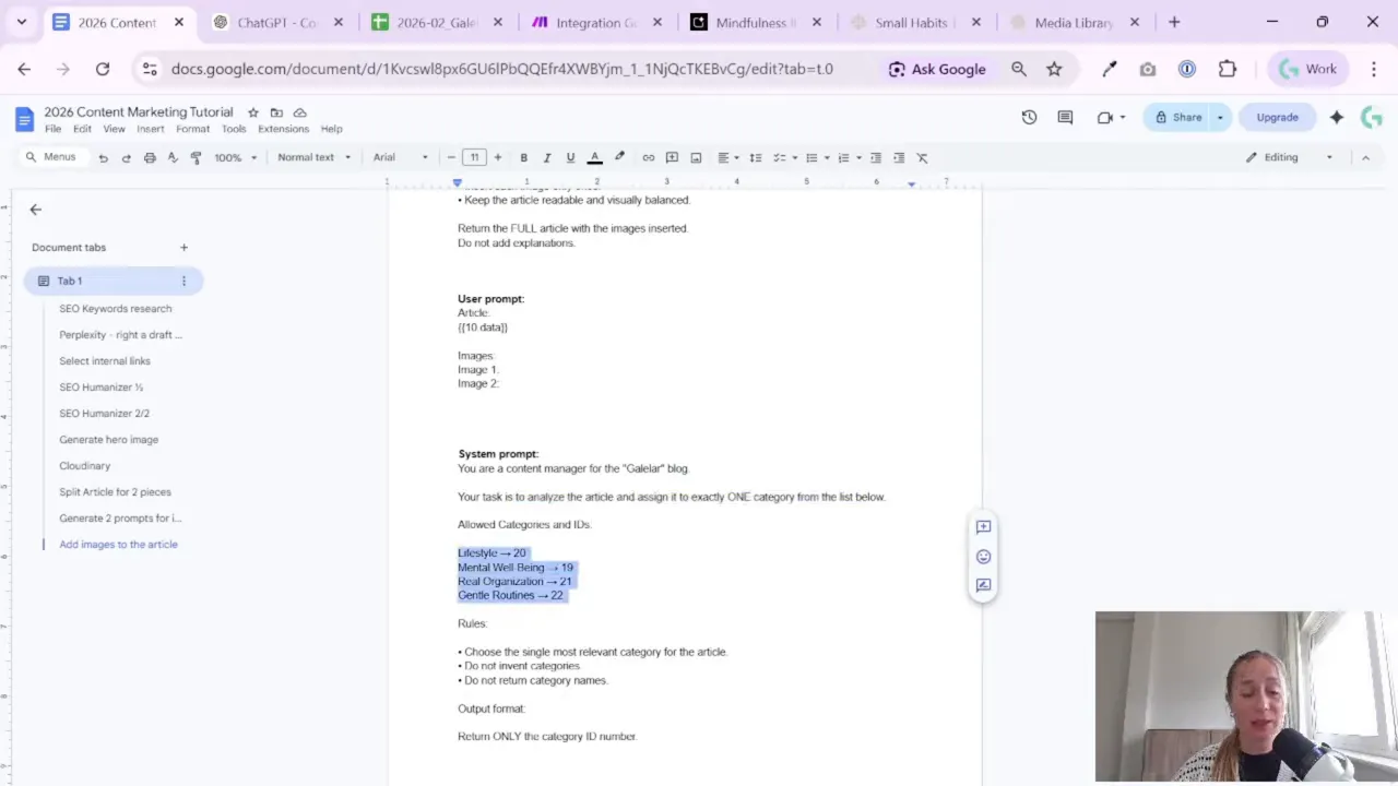 Google Doc showing Make + ChatGPT prompt with allowed category IDs for WordPress automation