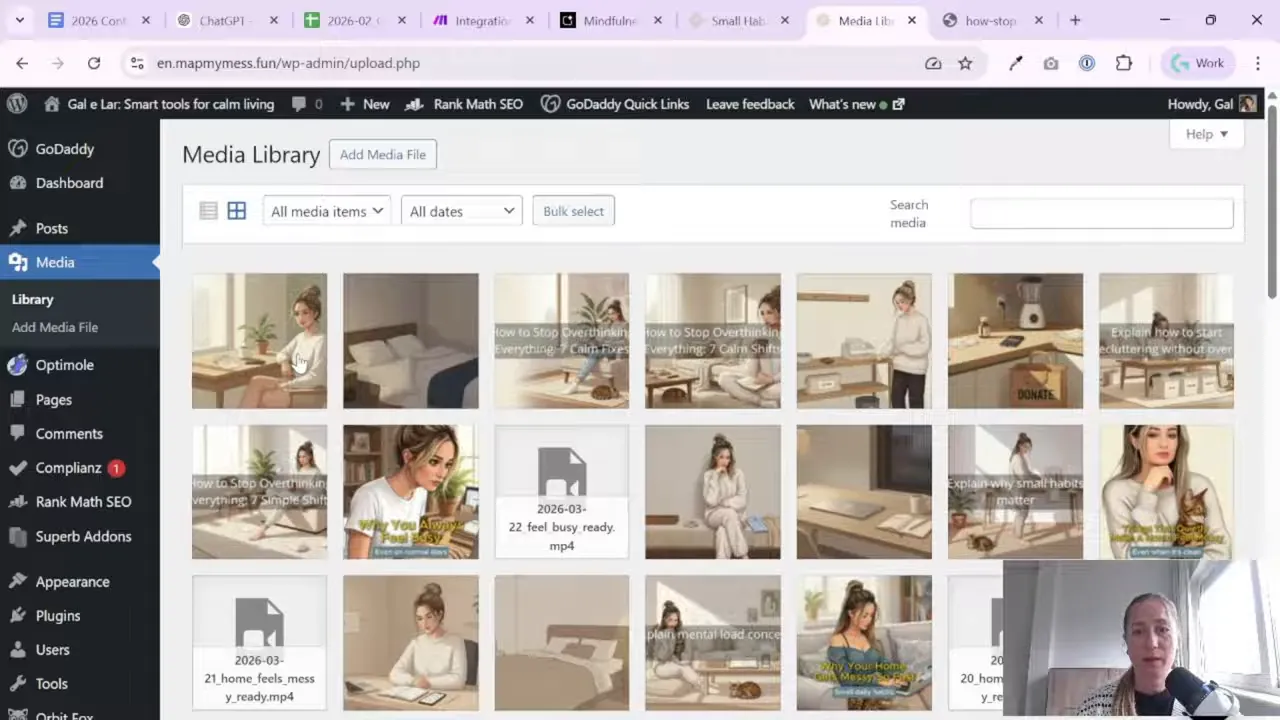 WordPress media library showing multiple uploaded AI-generated images