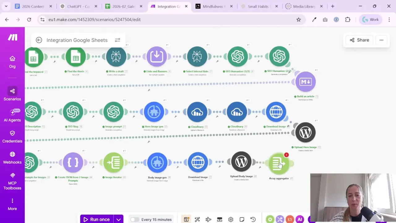 Make scenario highlighting the array aggregator module after uploading multiple images to WordPress