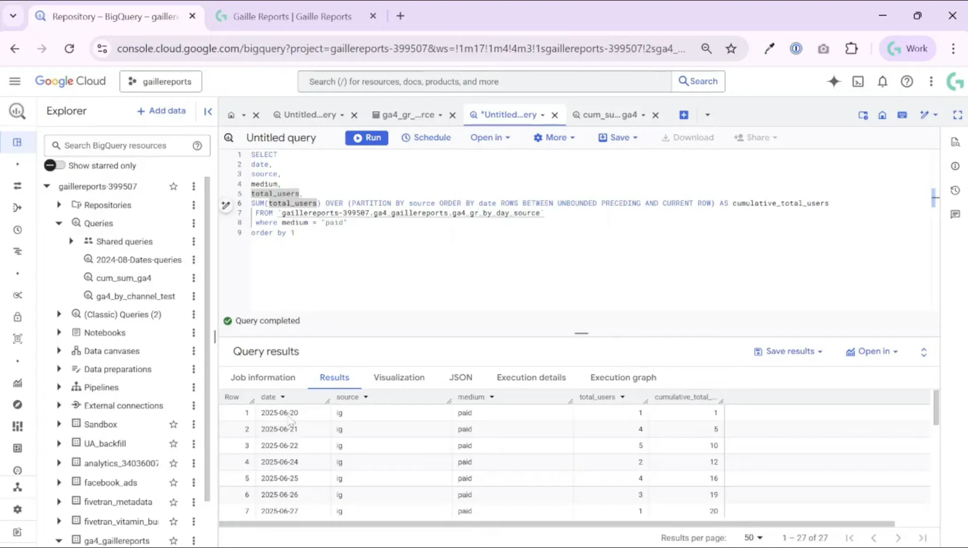 Query results showing daily users and cumulative total per source