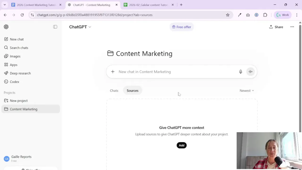 ChatGPT project page prompting to upload sources for deeper context