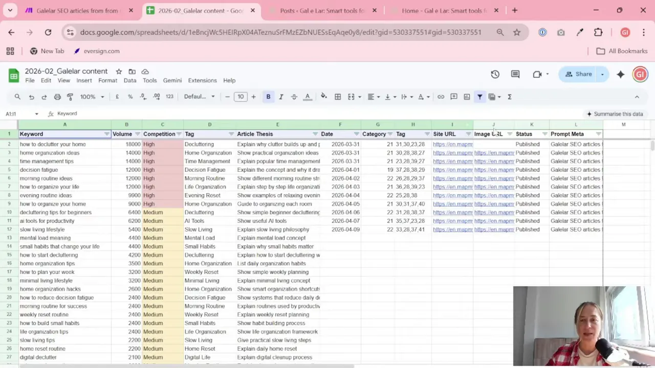 Google Sheets keyword research table filled with keyword, volume, competition, tags, and article thesis fields