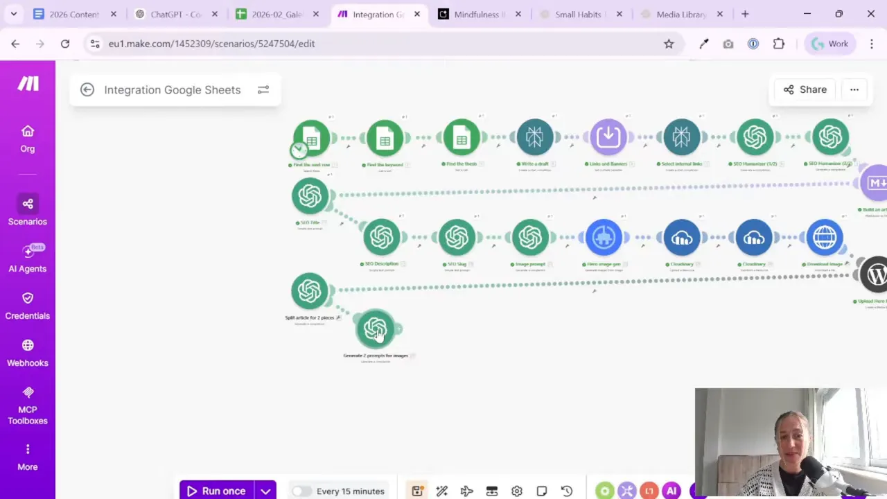 Make.com scenario diagram with steps for splitting an article and generating internal image prompts