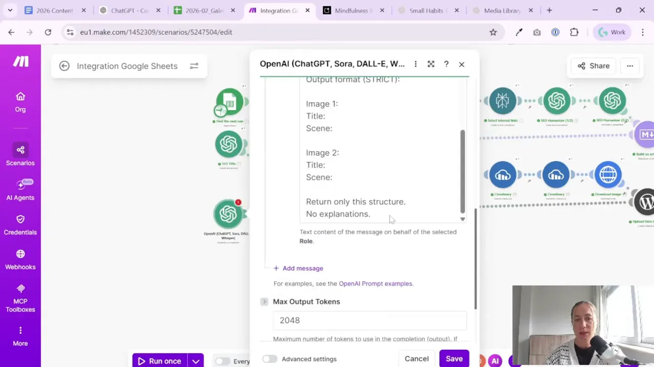 Make.com OpenAI module output format set to strict structure for JSON parsing