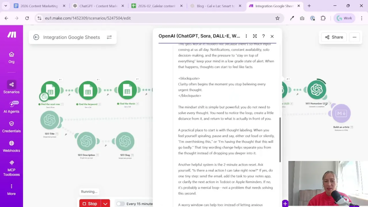 OpenAI drafted blog content output with formatted text displayed in Make.com