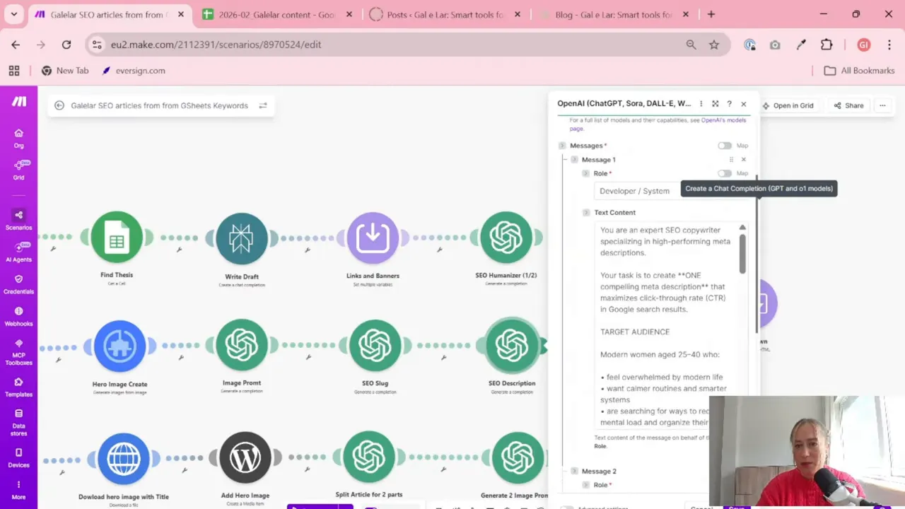 Make.com OpenAI prompt module for generating SEO title and SEO description in an automated WordPress article workflow