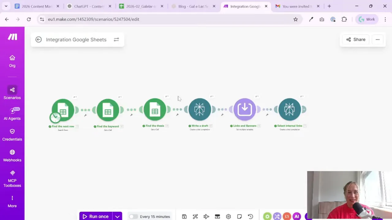 Make.com automation scenario steps using Google Sheets and preparing article generation