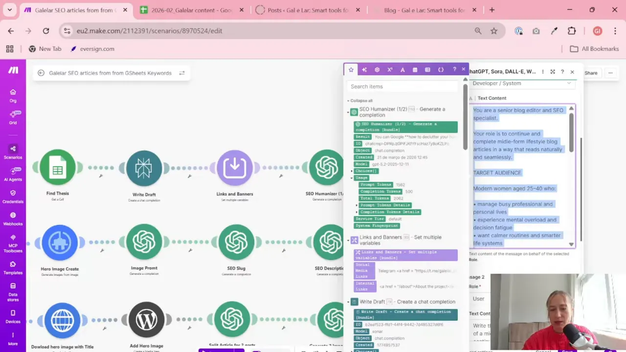 Screenshot of the Make.com OpenAI module with prompt text for SEO content generation