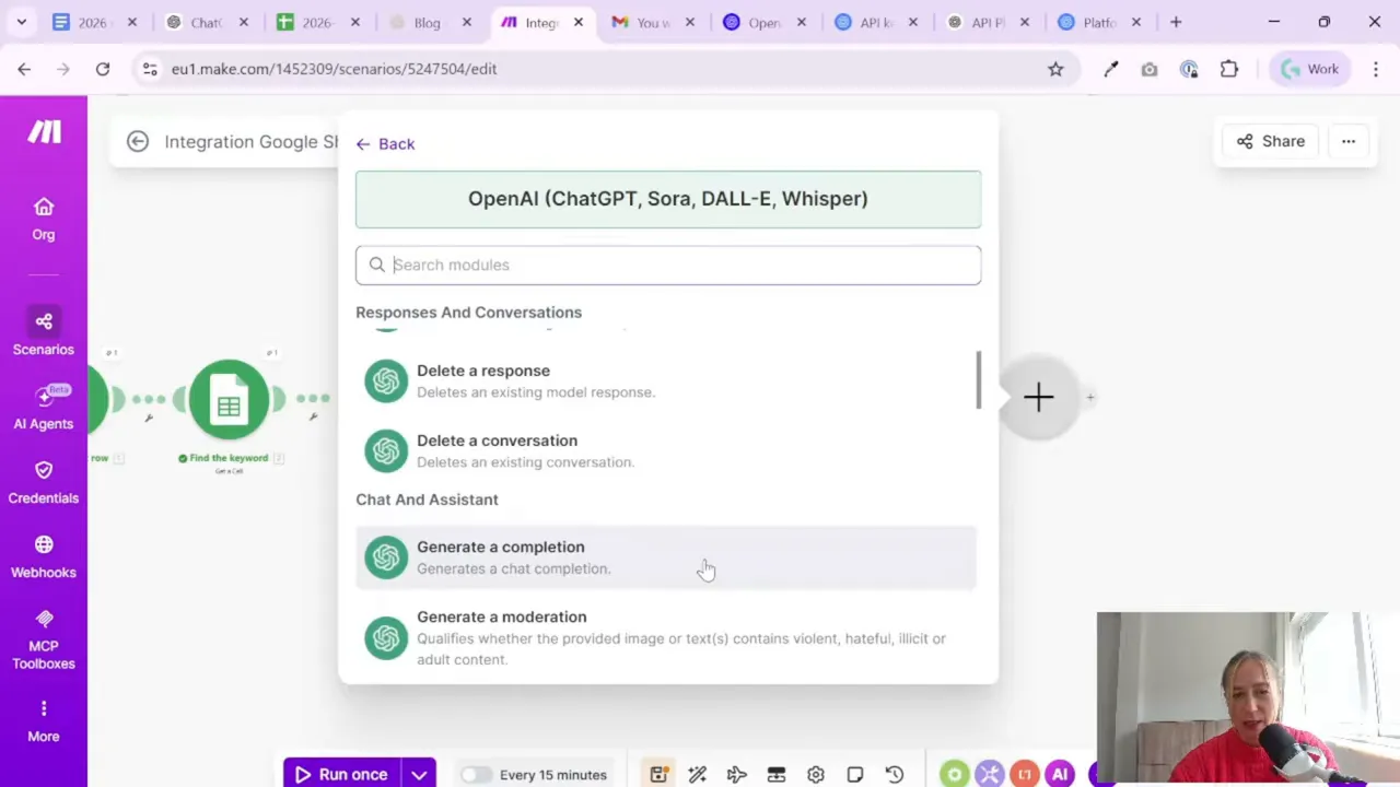 Make.com OpenAI module list showing options like Generate a completion and Generate a moderation