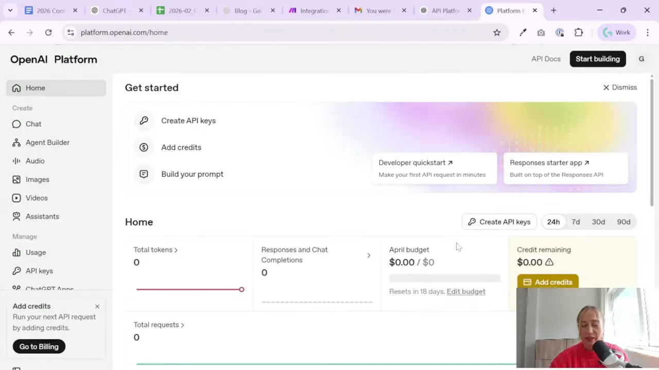 OpenAI Platform home page with create API keys and add credits panels