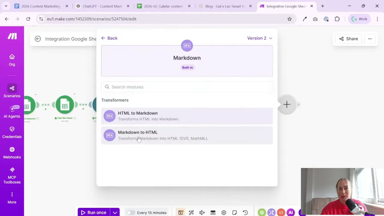 Make.com module search showing Markdown transformer options including Markdown to HTML