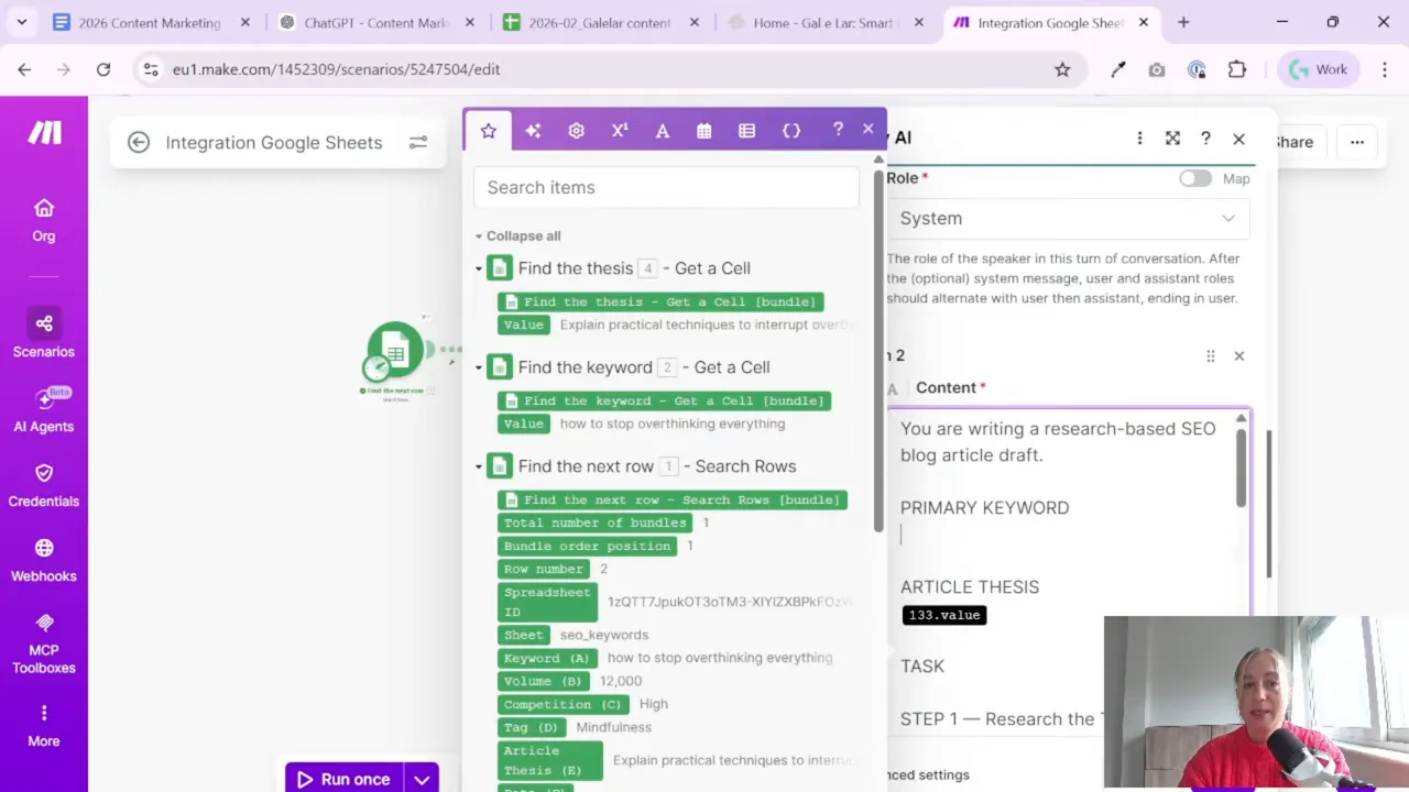 Make.com workflow mapping spreadsheet thesis and keyword values into Perplexity AI prompt content