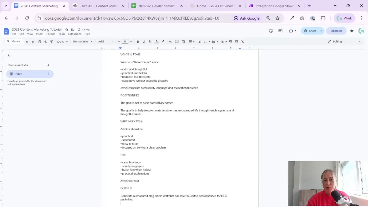 Google Docs system prompt notes for voice and tone, positioning, and writing style in Perplexity