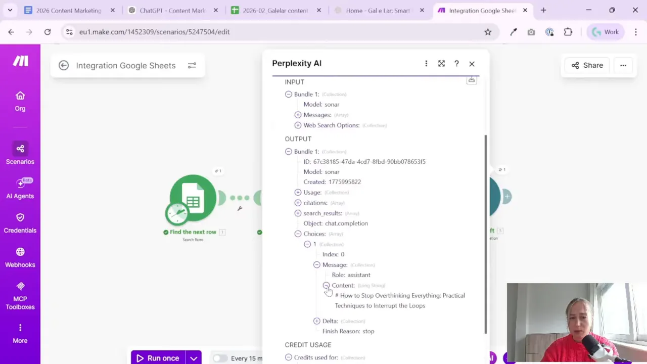 Make.com Perplexity AI module response content shown in the output bundle
