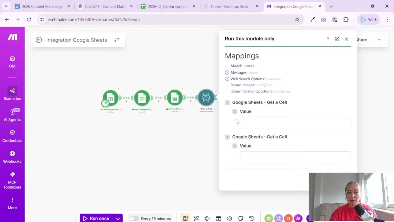Make.com 'Run this module only' panel showing model and mapping fields for Perplexity