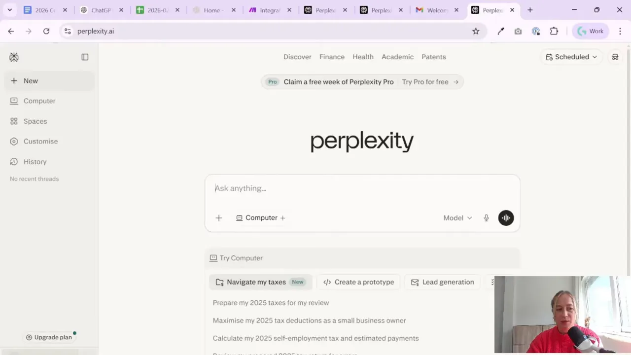 Perplexity chat interface showing prompt box and model controls