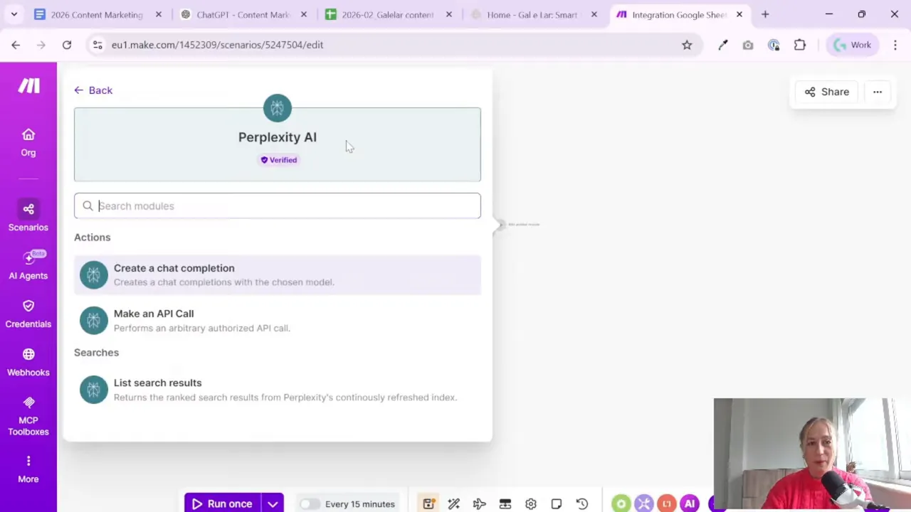 Perplexity AI module options in Make.com showing Create a chat completion, Make an API Call, and search actions