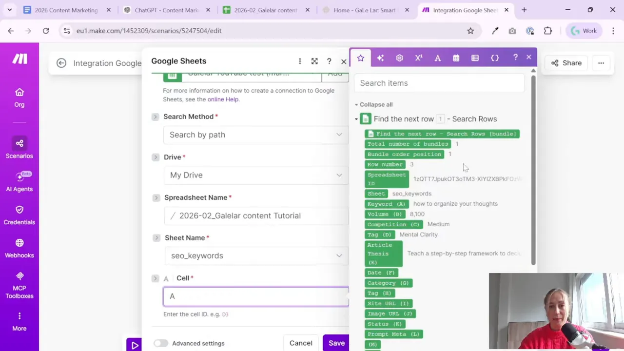 Make.com Google Sheets module output showing selected row number and column mappings for keyword and thesis