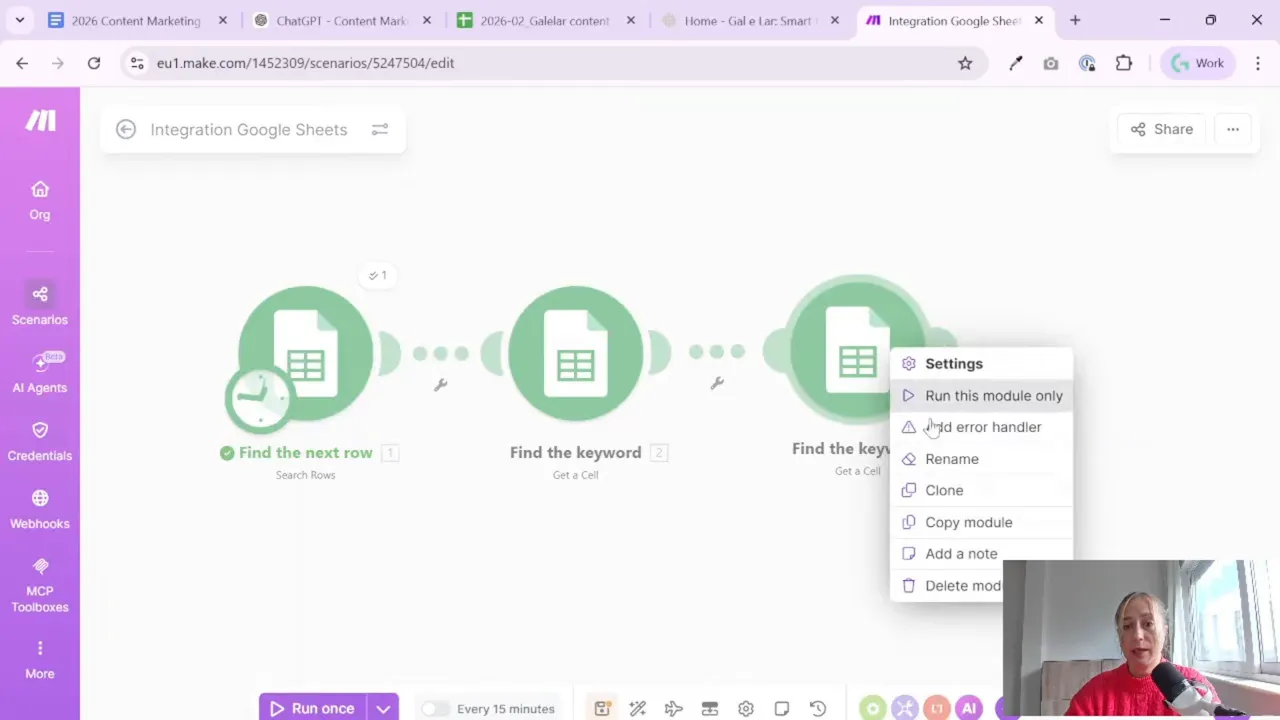 Make.com module menu showing the Clone option for duplicating a Google Sheets Get a cell module